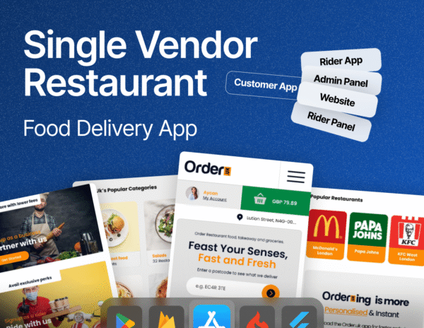 Food Delivery App & Website Bundle | Single Vendor Restaurant System + Admin & Rider App