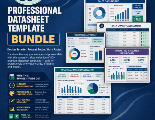 50+ Professional Datasheet Template Bundle Excel & Google Sheets | Business Dashboard, HR, Sales, Finance Reports | Editable Spreadsheet Templates