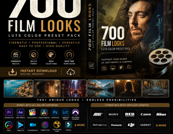 700 Film Looks LUT Pack | Cinematic Color Grading Presets | Video & Photo LUTs | Premiere Pro Lightroom DaVinci Resolve LUTs