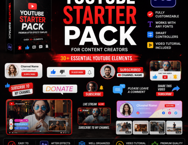 YouTube Starter Pack for After Effects | YouTube Animation Bundle | Intro Lower Third Subscribe Buttons | Content Creator Pack