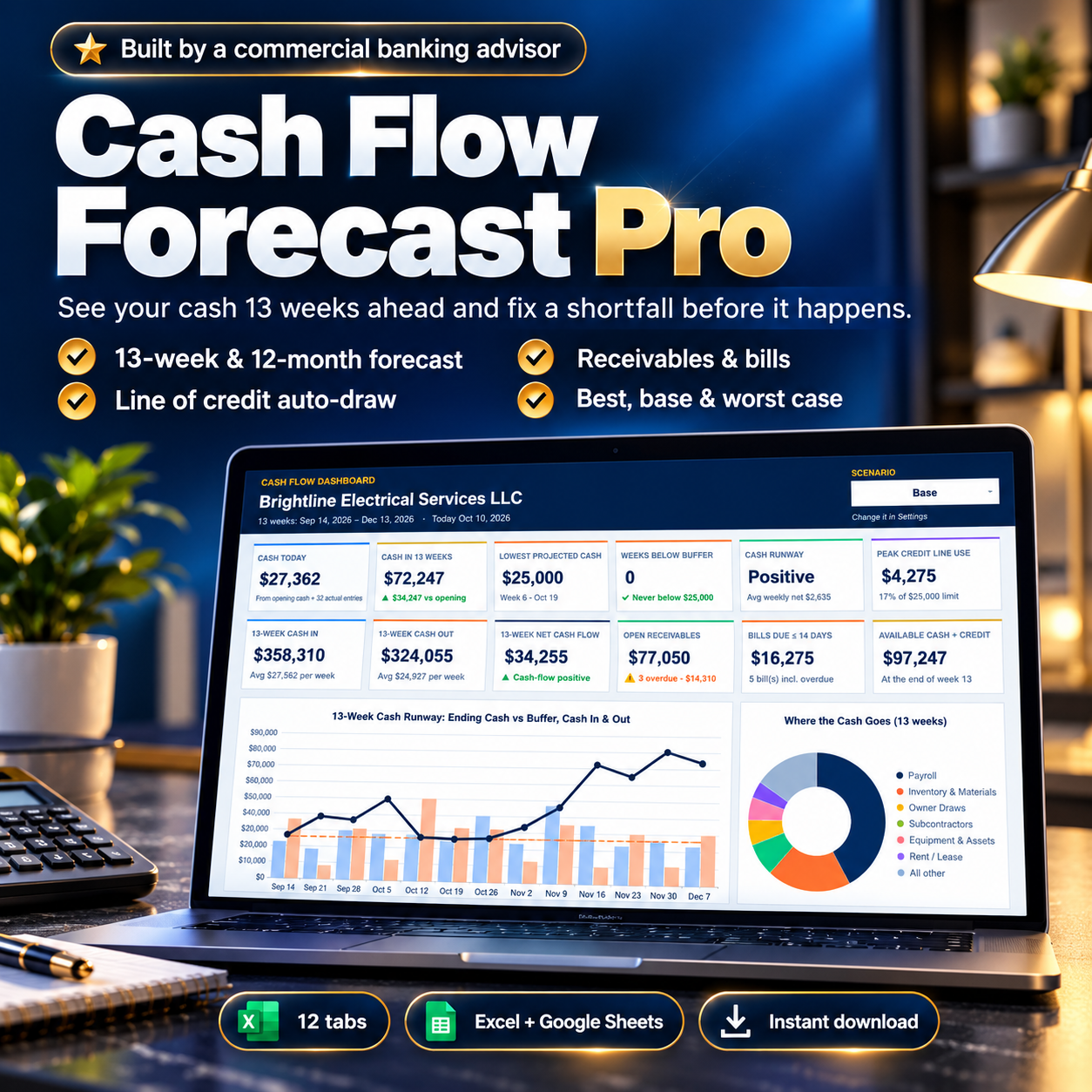 Cash Flow Forecast Pro Dashboard Cash Flow Management Spreadsheet | Small Business Budget, Cash Runway, Credit Line and Financial Planning - Image 1
