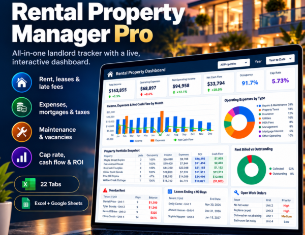 Rental Income and Expense Tracker | Landlord Dashboard, Rent Ledger, Schedule E Organizer & Property Manager