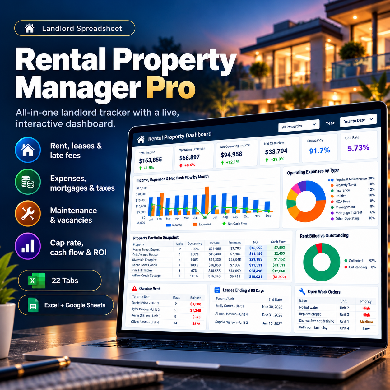 Rental Property Manager Pro Dashboard Rental Income and Expense Tracker | Landlord Dashboard, Rent Ledger, Schedule E Organizer & Property Manager - Image 1