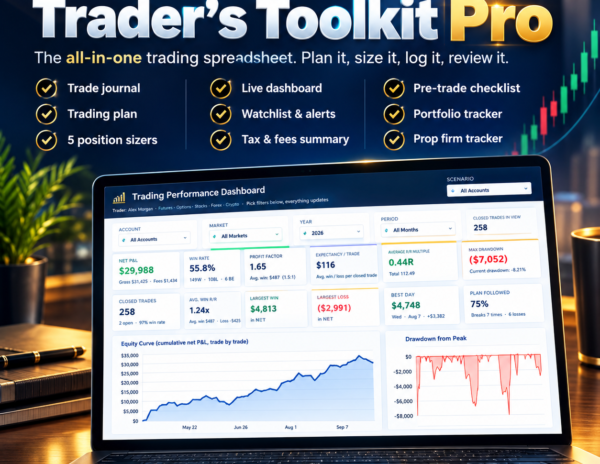 Trading Spreadsheet Toolkit, Trading Journal, Trade Tracker, Watchlist, Portfolio Tracker, Futures Options Forex Crypto, Excel Google Sheets
